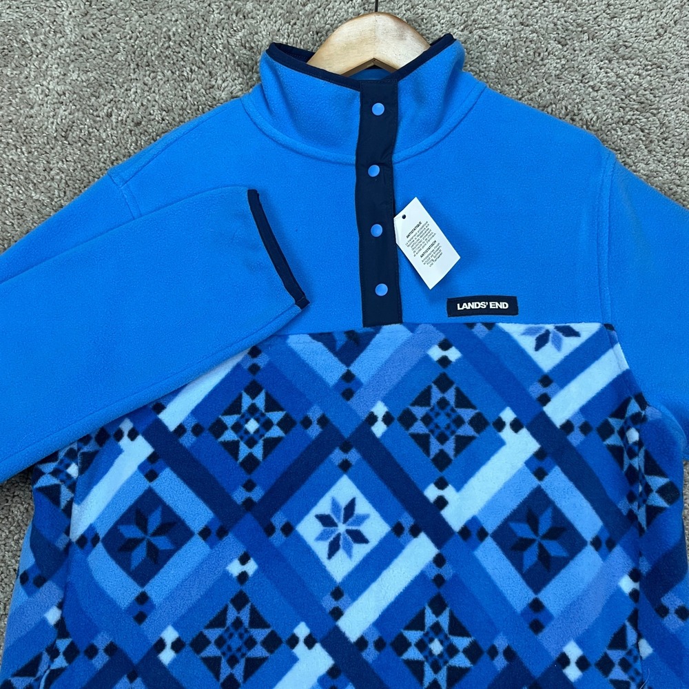 Lands End Heritage Pullover Womens 6-8‎ Blue Long Sleeve Fleece Snap Neck NEW